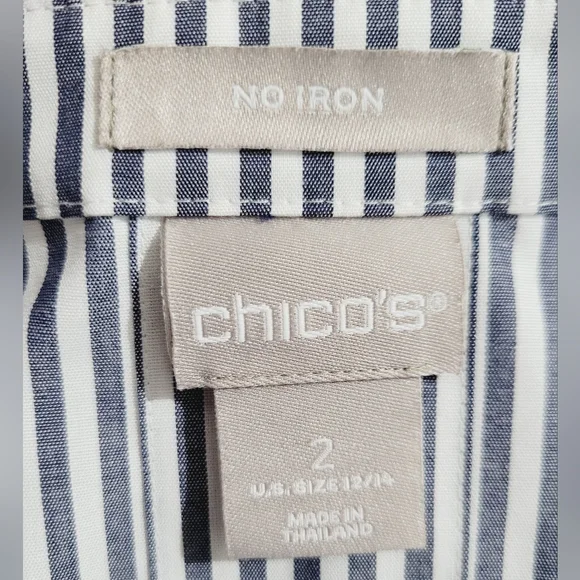 Chico’s No Iron Button Front Shirt Size 12/14 Blue/gray White Stripe 3/4 Sleeve - Picture 9 of 10